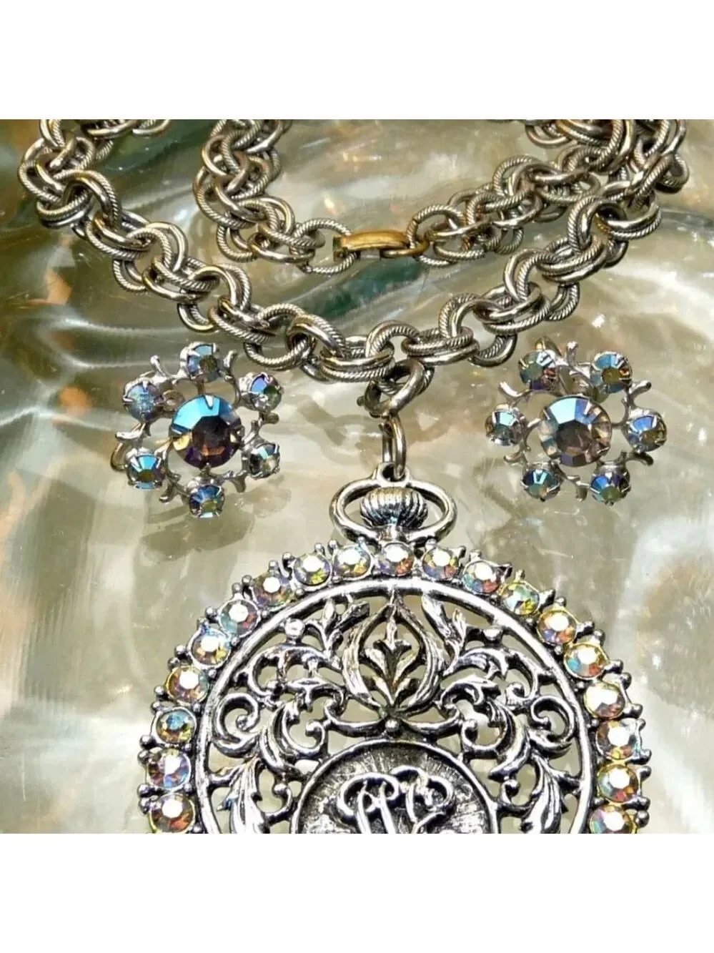 VTG JUDY LEE AB RHINESTONE POCKET WATCH DESIGN PENDANT NECKLACE EARRINGS LOT 20